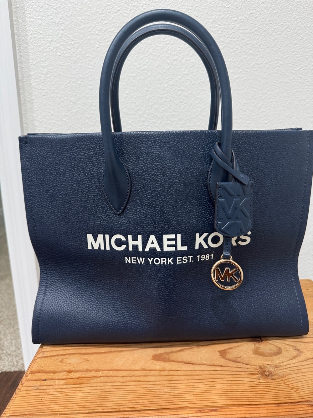 Michael Kors Navy Blue Logo Tote with Gold MK Charm